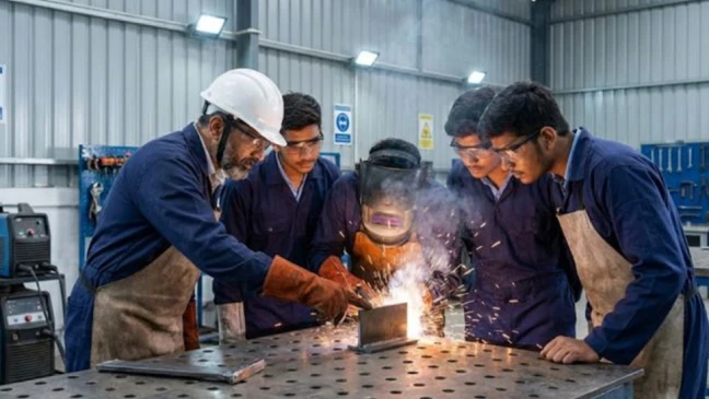 Students getting practical welding training at KJIT in Vadodara